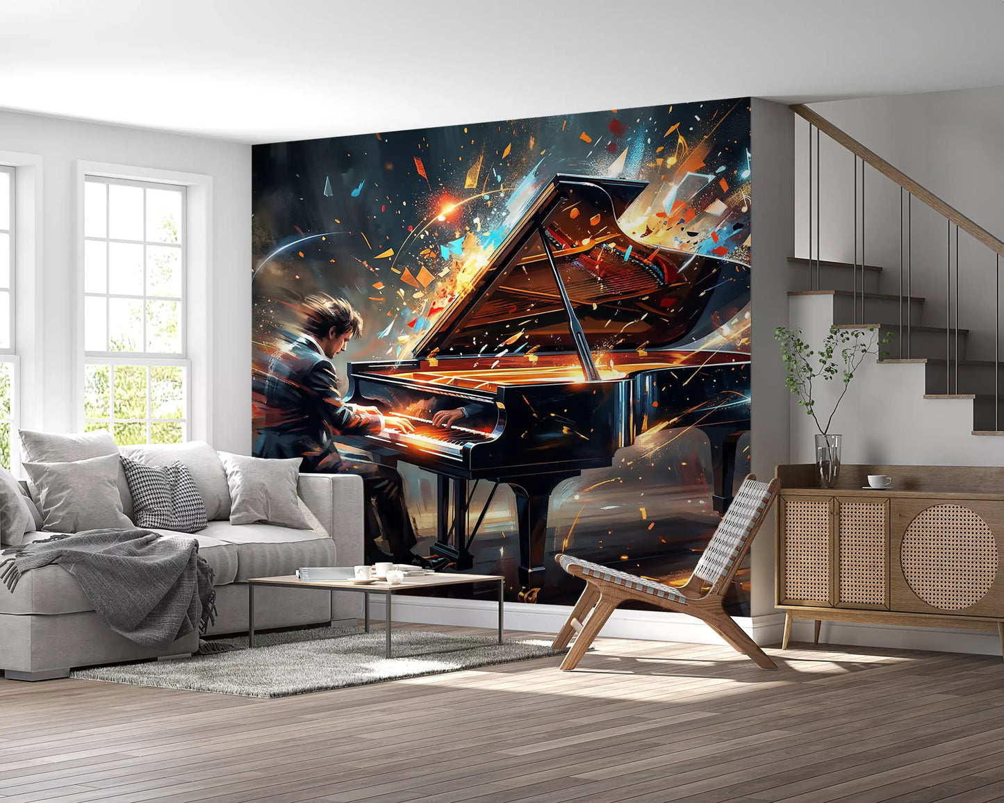 Creative music wall mural with flowing light and motion design