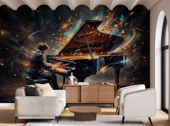 Living room styled with Symphony of Light mural and glowing piano artwork