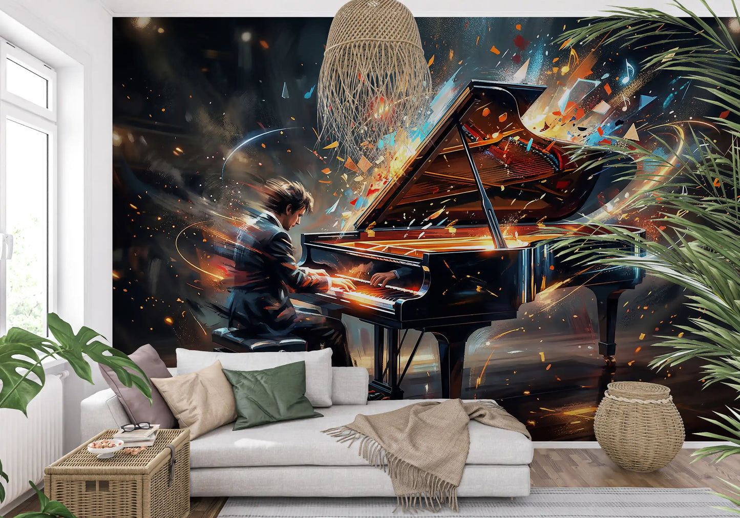 Hallway wall shows Symphony of Light mural with music-inspired design