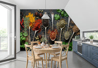 Kitchen wall with Aromatic Spice mural and colorful herb spoons