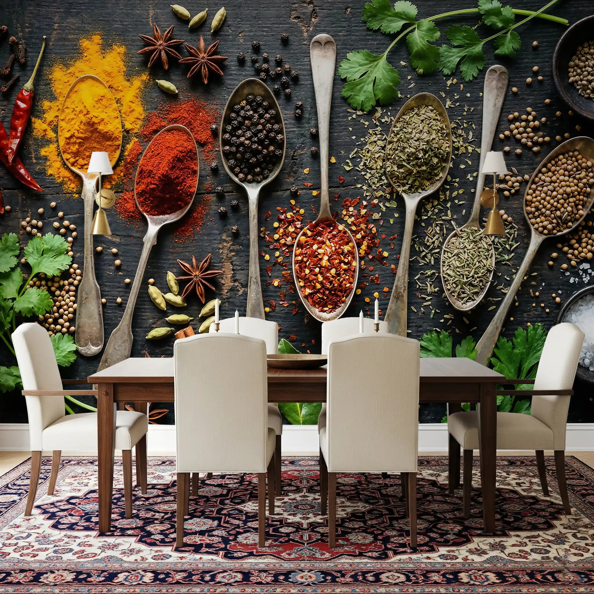 Restaurant dining wall using kitchen herb mural with chili and turmeric