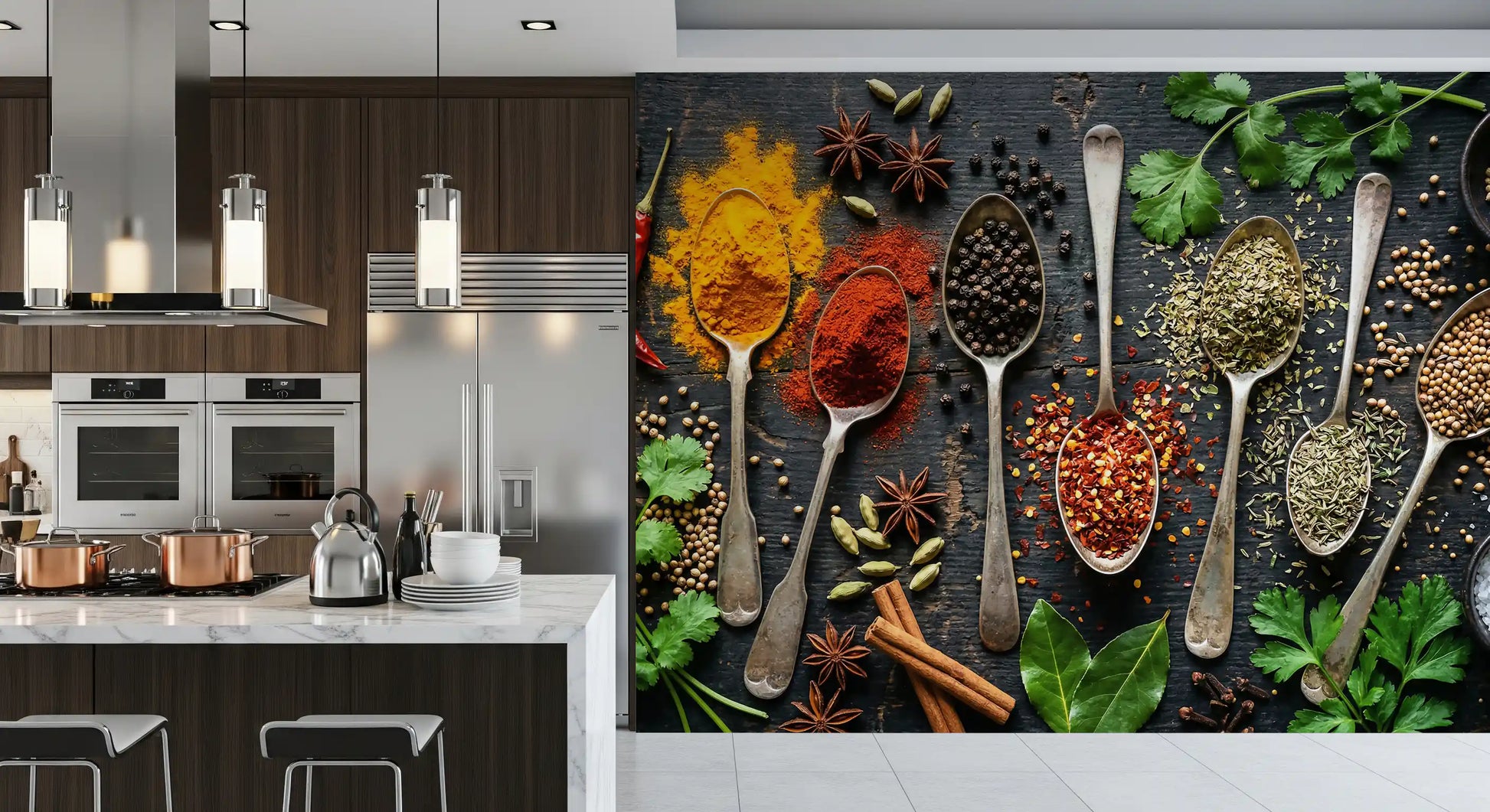 Kitchen area interior styled with Aromatic Spice Collection mural detail