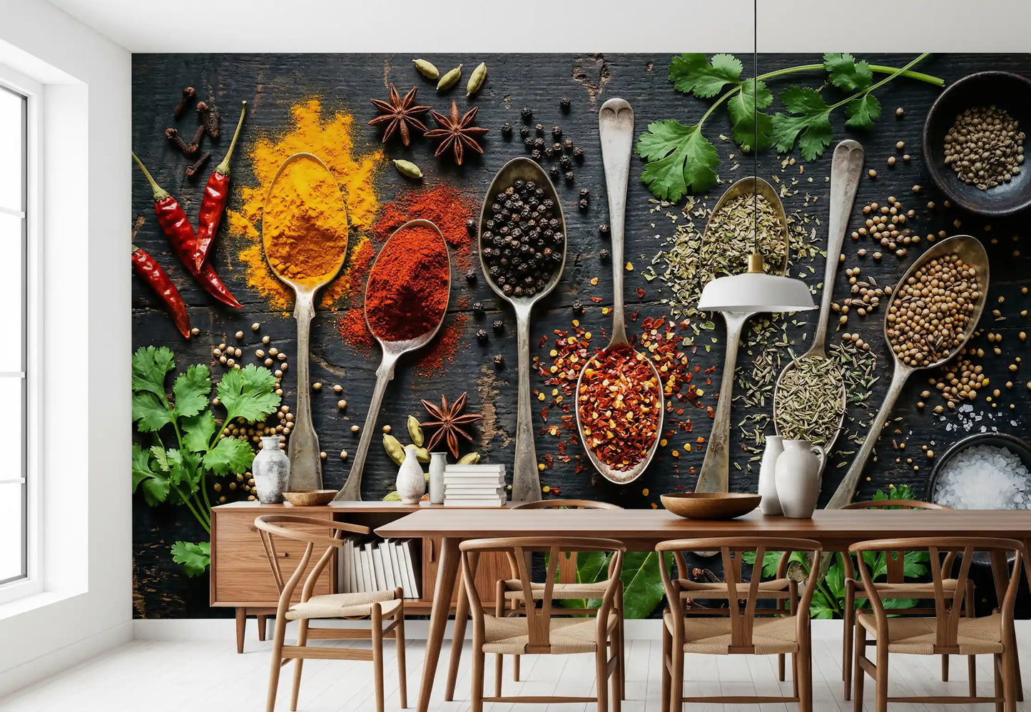 Aromatic Spice mural showing spoons filled with herbs and seeds