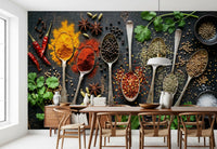 Aromatic Spice mural showing spoons filled with herbs and seeds
