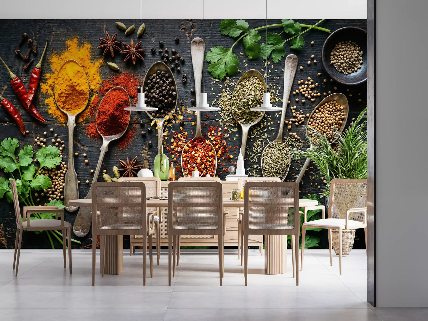 Herb and spice wall mural with colorful powders and metal spoons