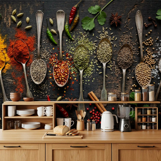 Kitchen ingredient mural with seeds, spices, and textured wood