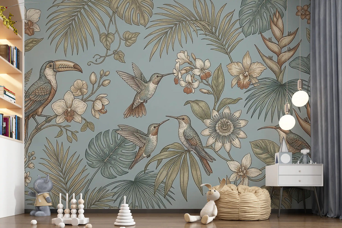 Kids room styled with Tropical Birds wall mural in soft blue tones