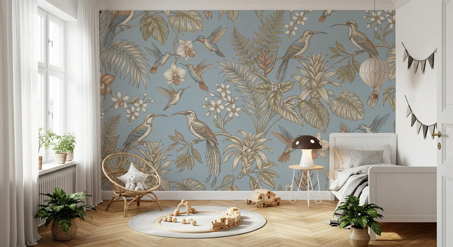 Bedroom finished with blue botanical mural and birds in flight