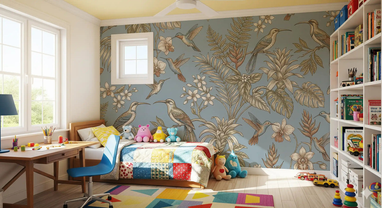 Bird and flower wall mural with tropical leaves on a muted blue base