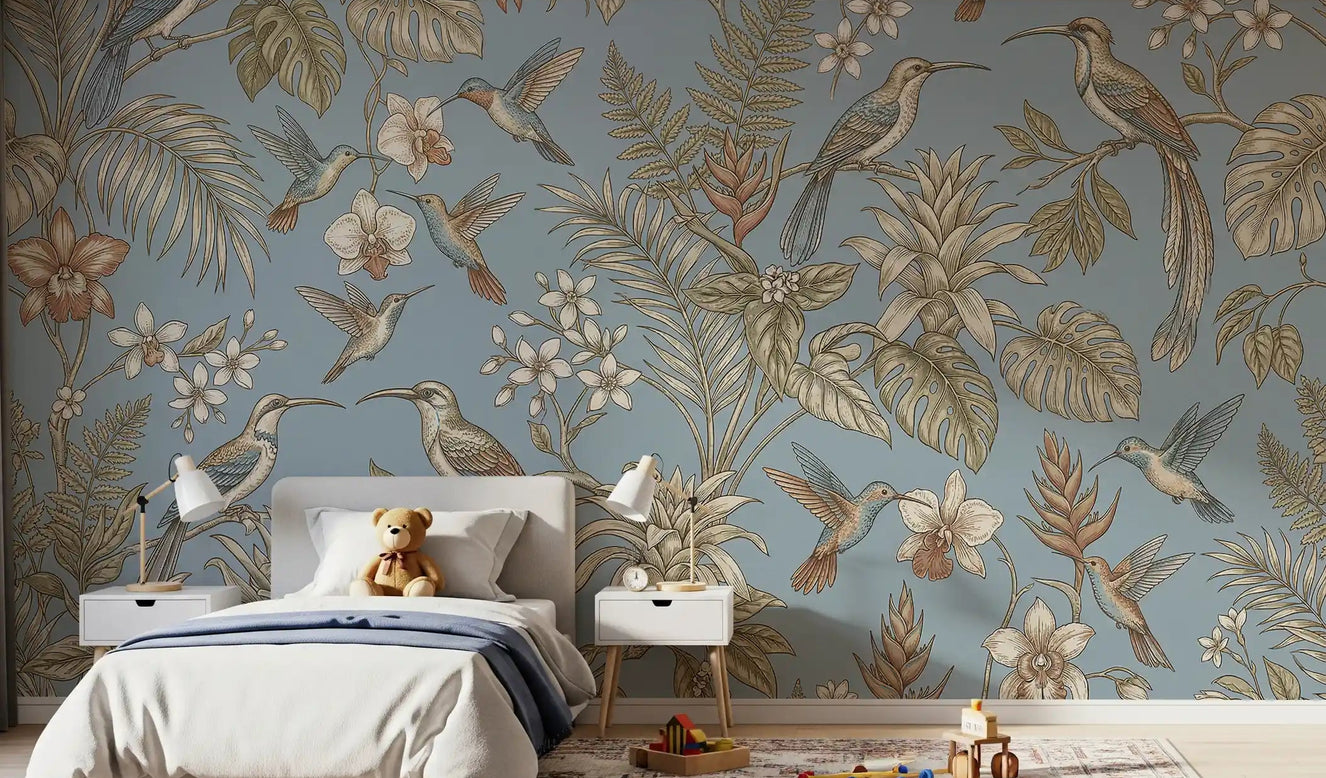Kids room with Tropical Bloom Flight mural and blue bird artwork