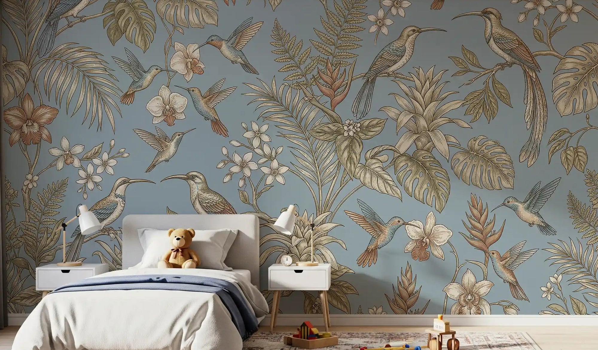 Kids room with Tropical Bloom Flight mural and blue bird artwork