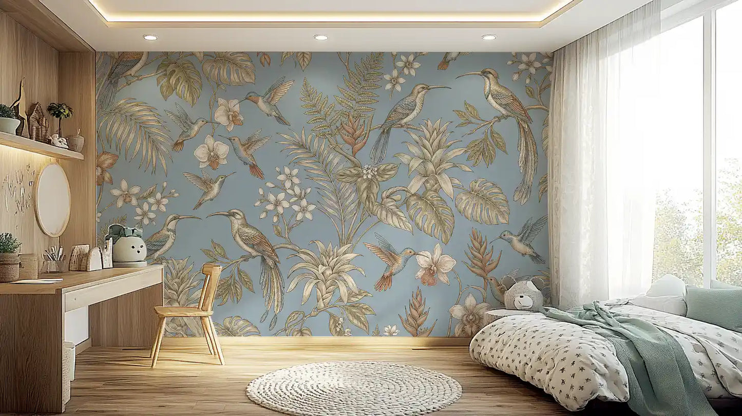 Bedroom wall shows Tropical Bloom & Flight mural with soft florals
