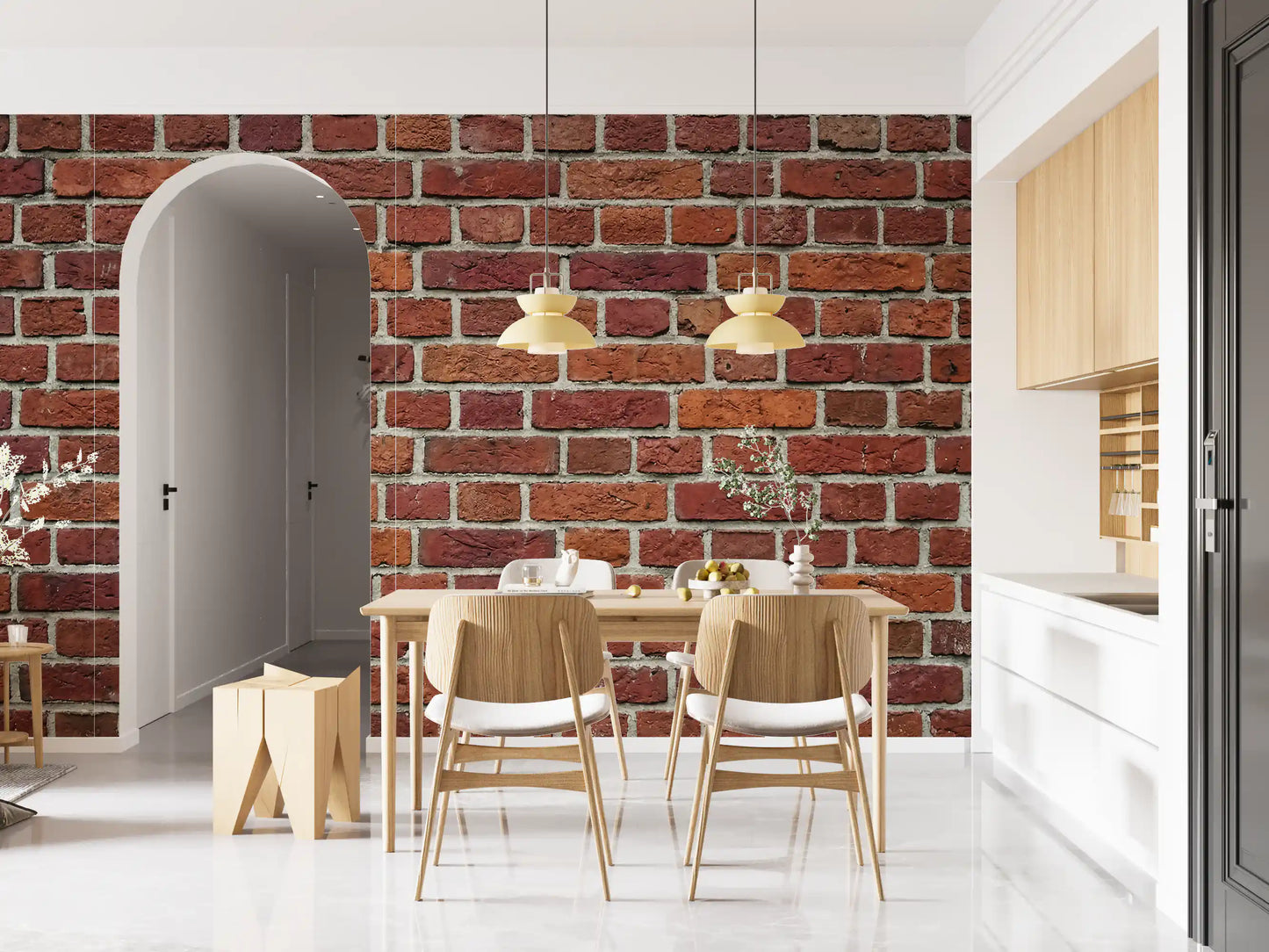 Dining room finished in Rustic Red Brick wall mural with weathered masonry detail