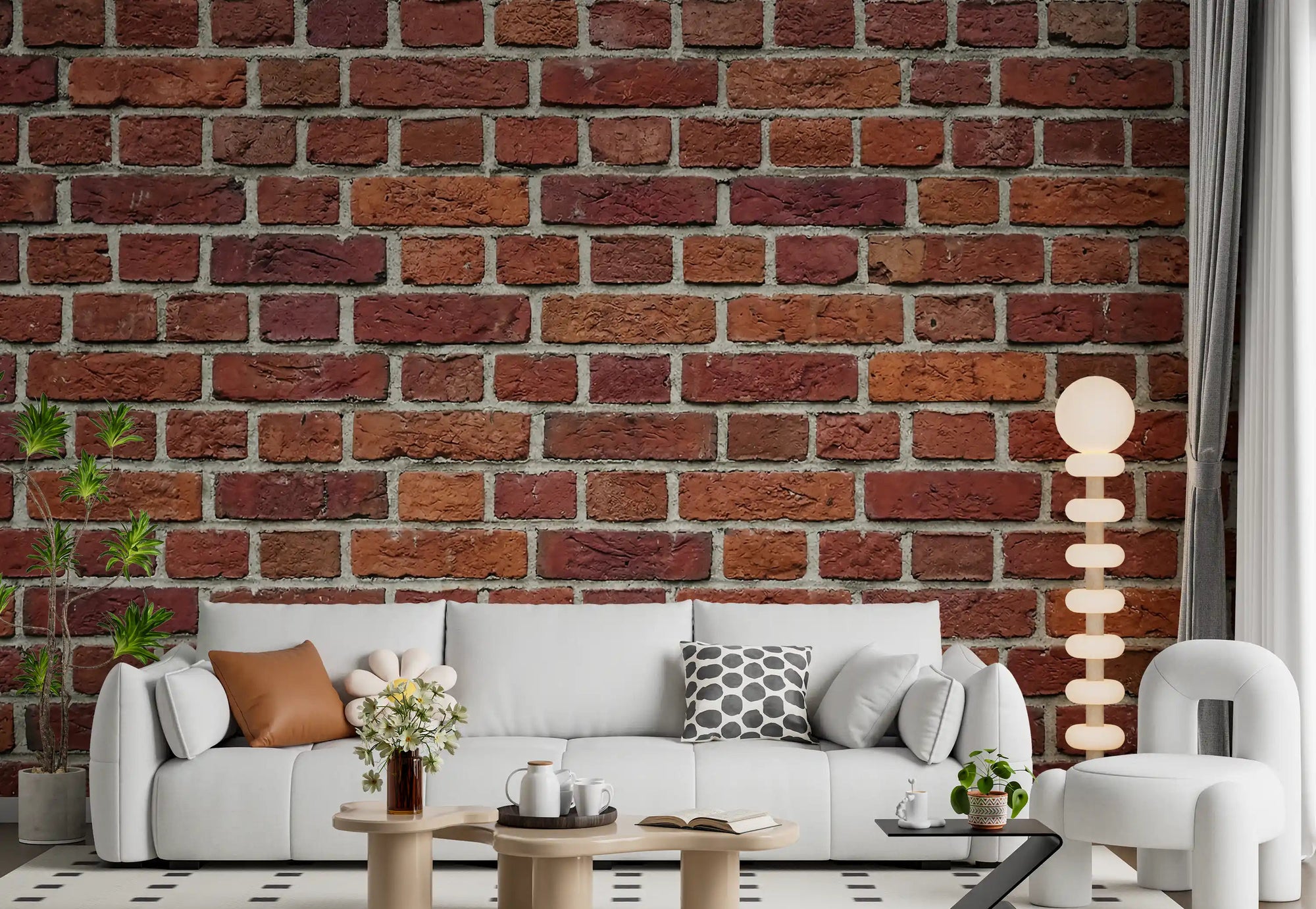 Living room finished with Rustic Red Brick wall mural in warm masonry tones