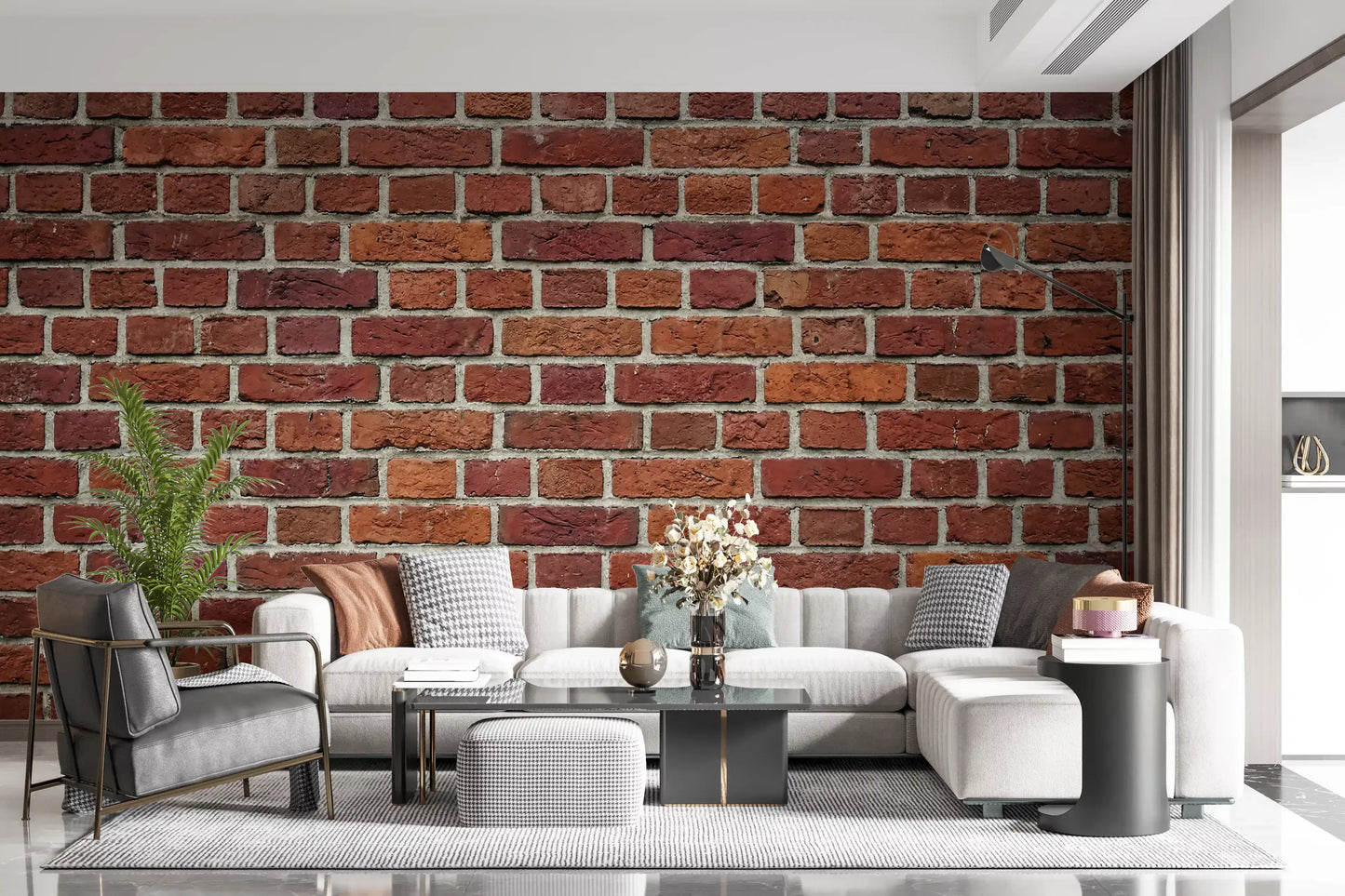 Hallway styled using Rustic Brick wall mural and aged red brick detail
