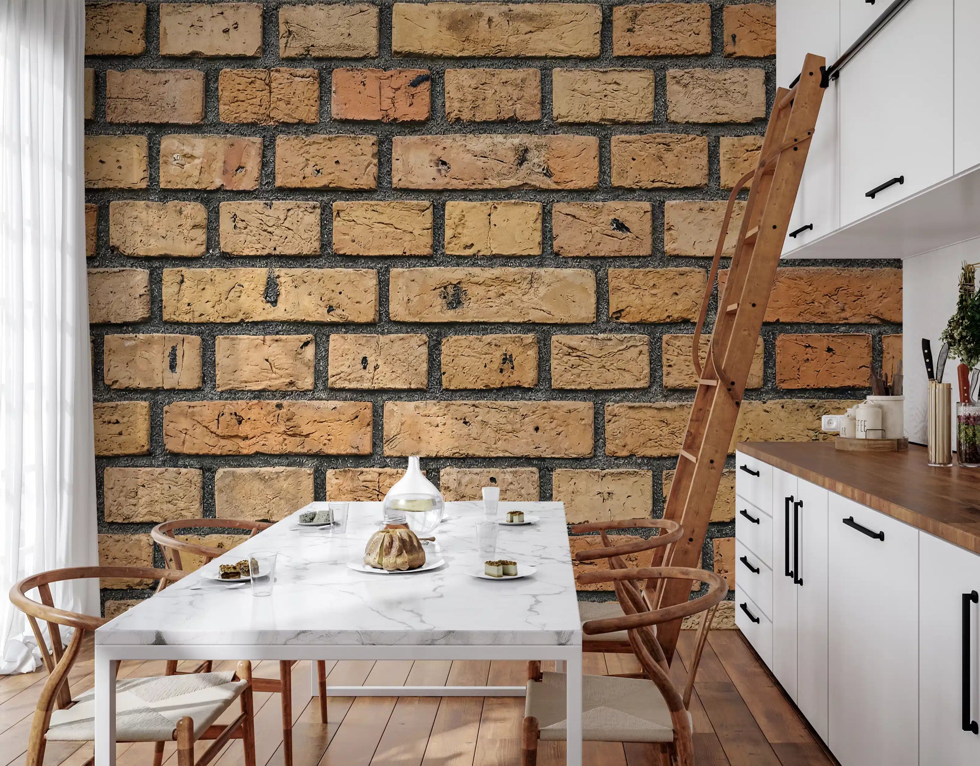 Kitchen area wall finished in brick pattern wall mural with rustic sandy texture