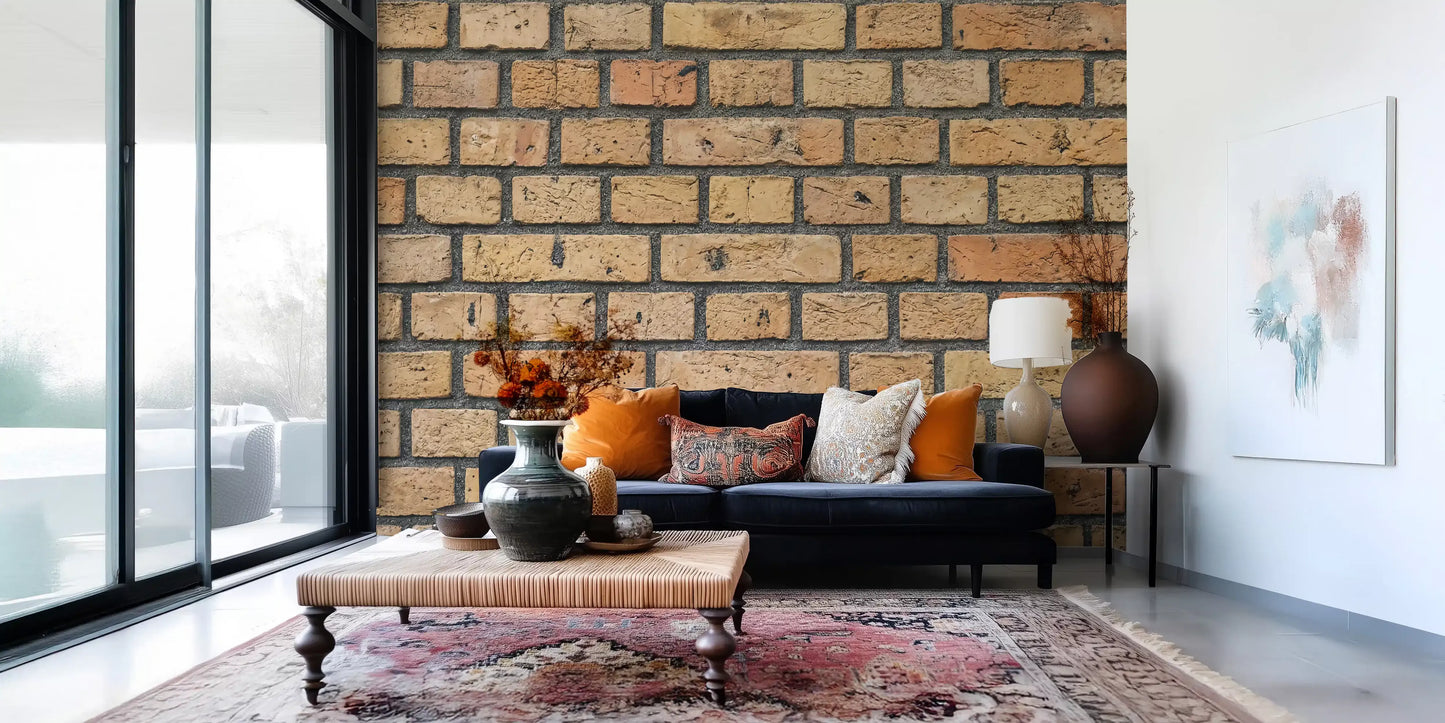 Home using rustic brick wall mural in beige and clay colour tones