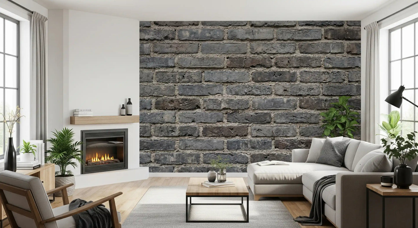 Hallway styled using gray brickwork wall mural with an industrial texture