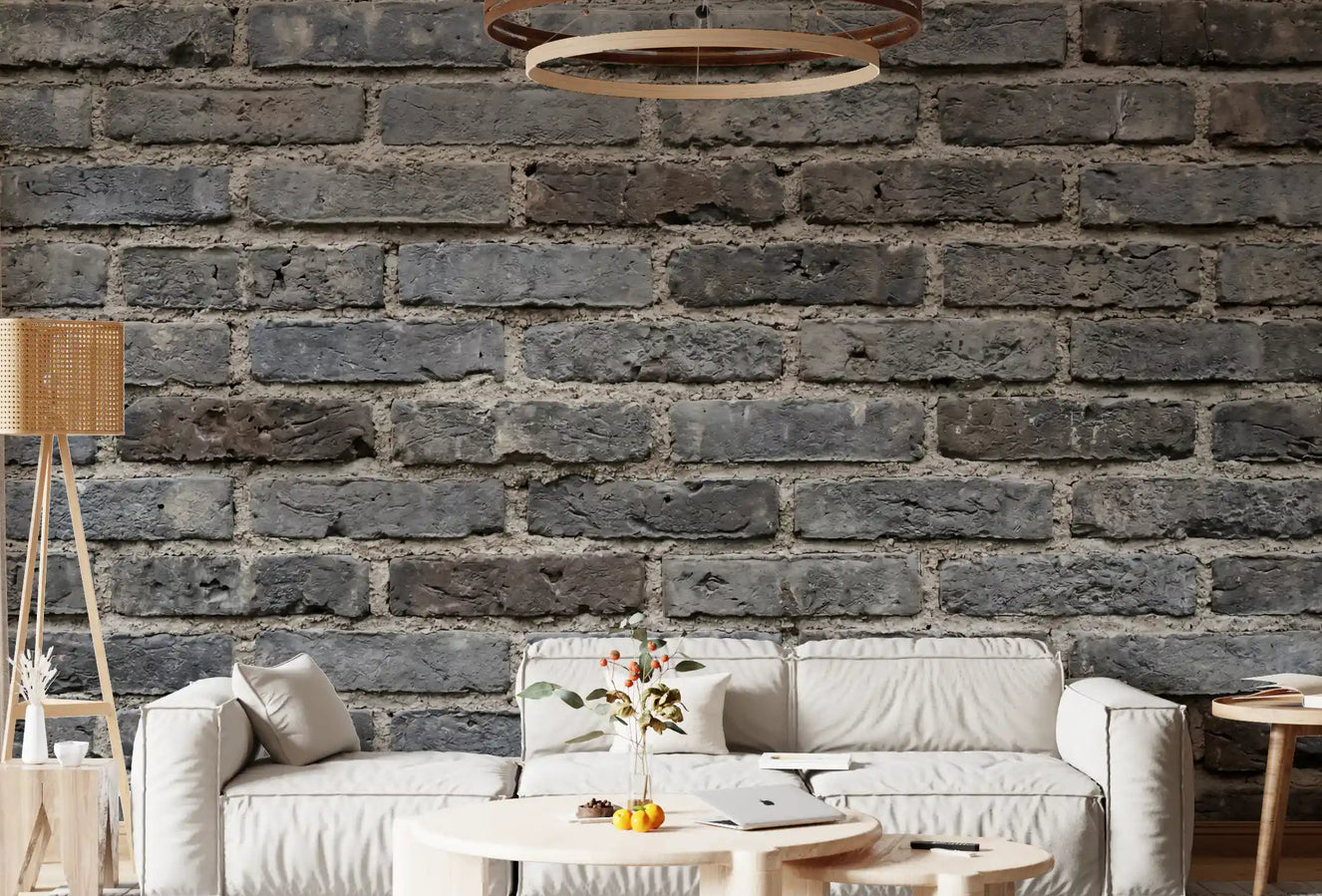 Living room with Urban Gray brickwork wall mural in a rough textured finish