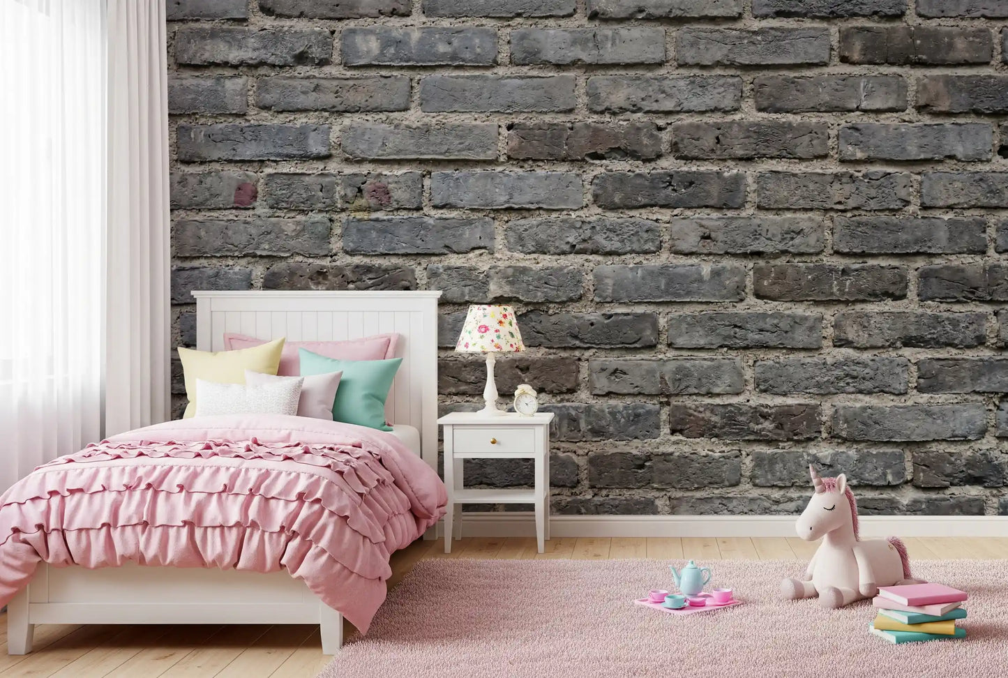 Industrial wall mural with urban gray brickwork and natural mortar lines