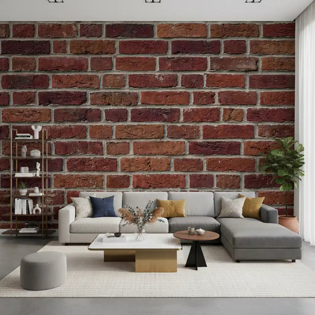 Close view of rustic brick wall mural with uneven surface detail