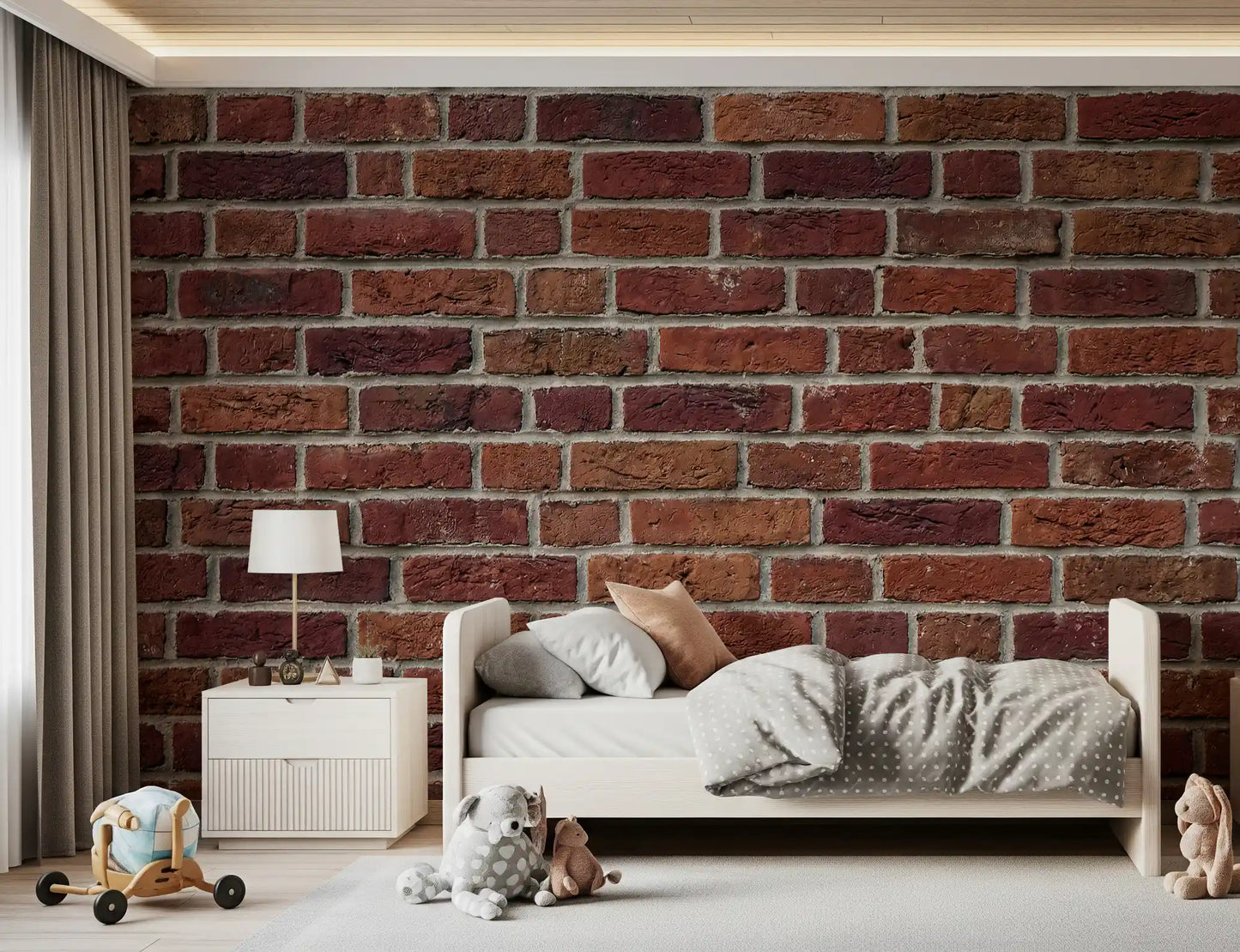Kids room wall finished with red brick wall mural rustic pattern