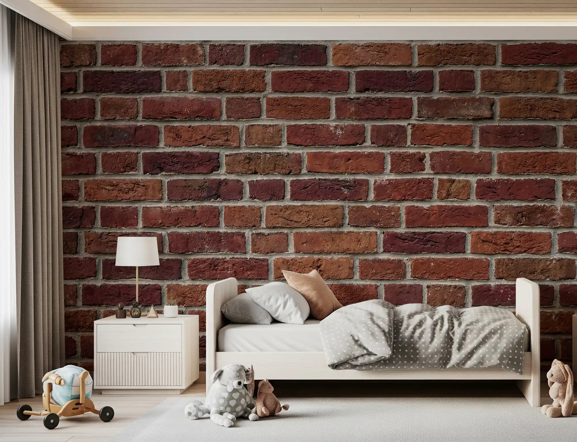 Kids room wall finished with red brick wall mural rustic pattern