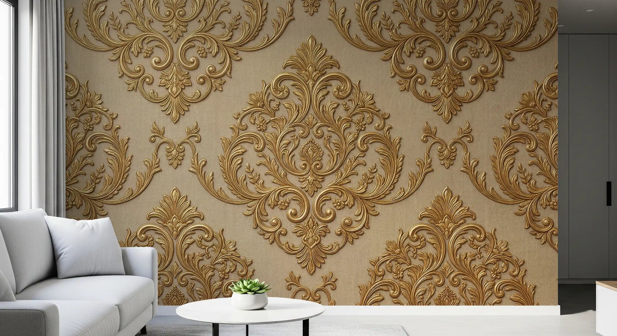 Living room styled with Gilded Grandeur wall mural in gold beige tones