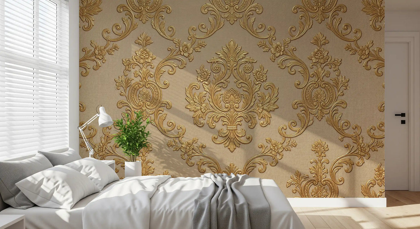 Bedroom styled using floral gold wall mural with ornate design