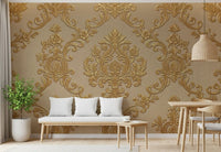 Dining area showing gold damask wall mural with classic floral pattern