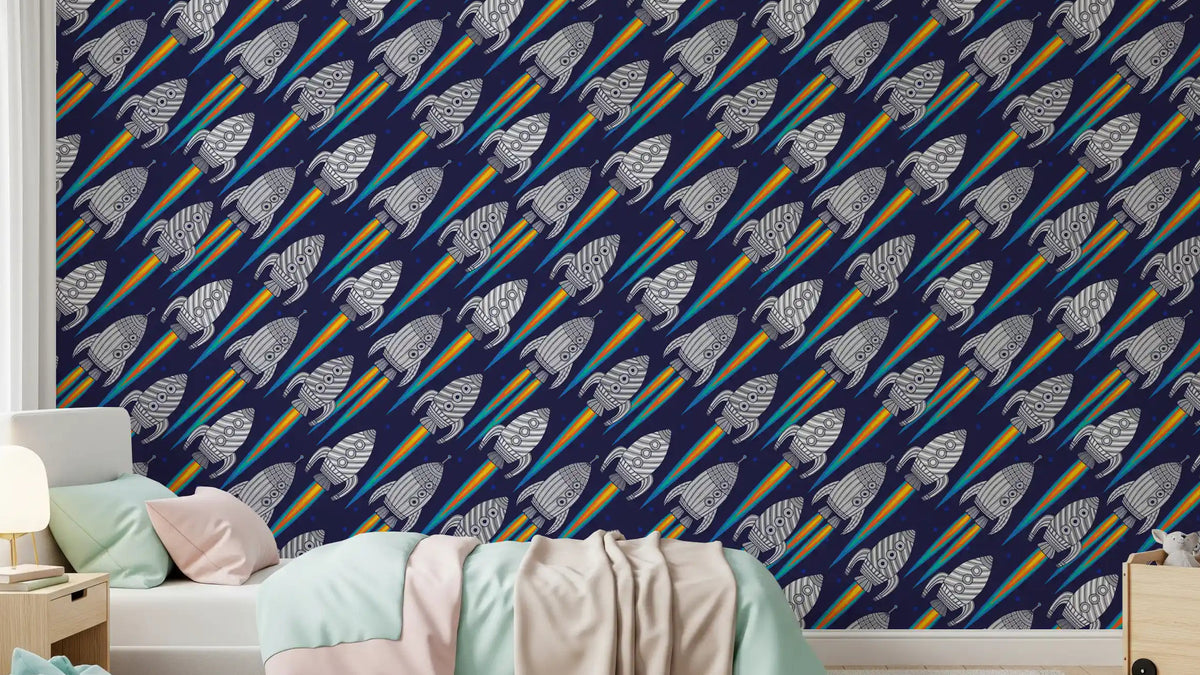 Kids room with Blast Off rockets wallpaper and rainbow space trails