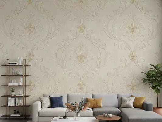 Living room styled with Regal scrollwork mural in beige damask tones