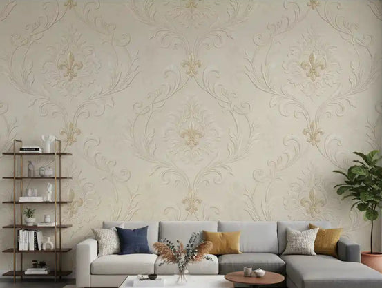 Living room styled with Regal scrollwork mural in beige damask tones