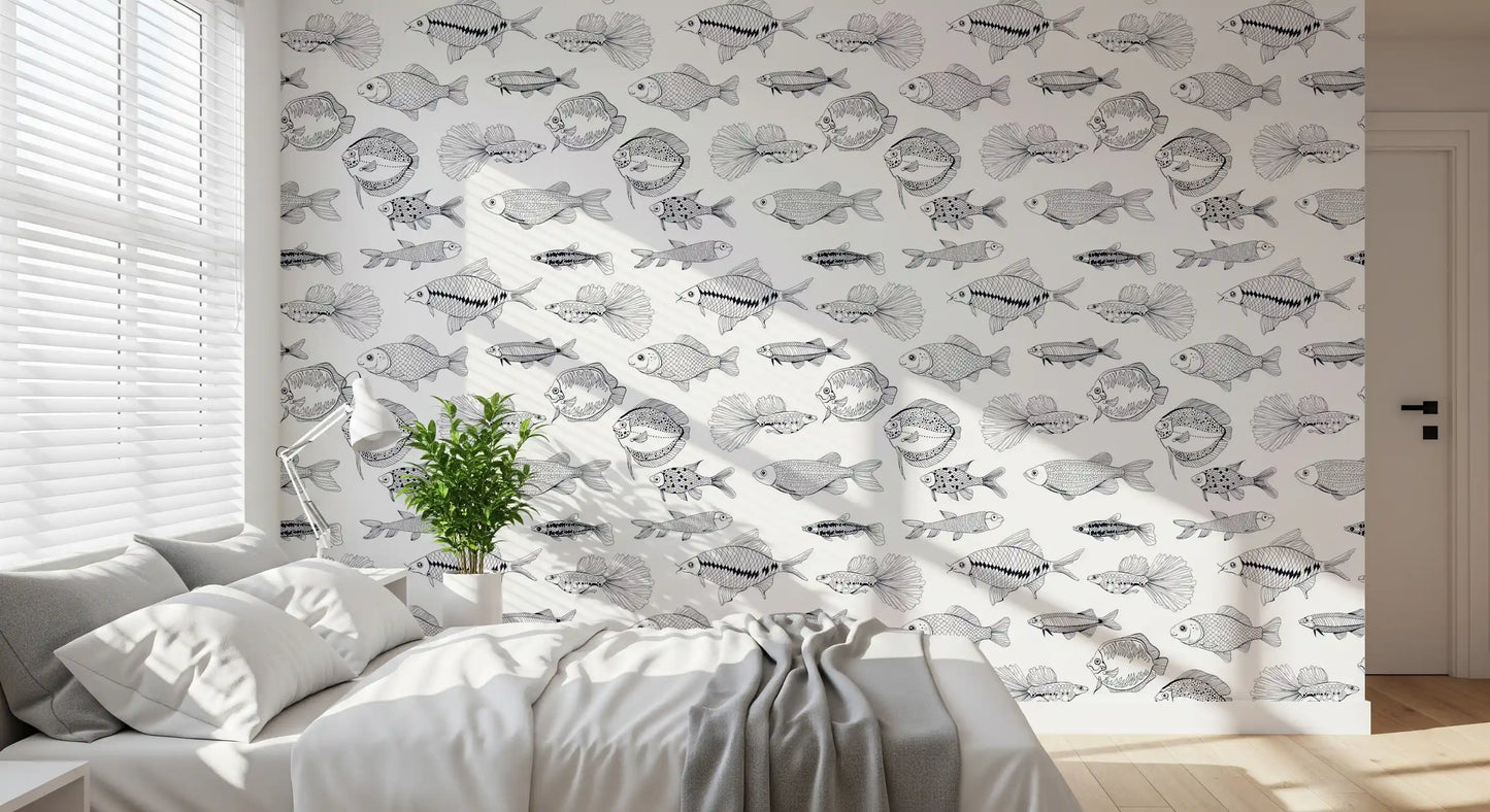 Modern Hand - Drawn Fish Line Art /Black and White Nautical Pattern Wallpaper⁠