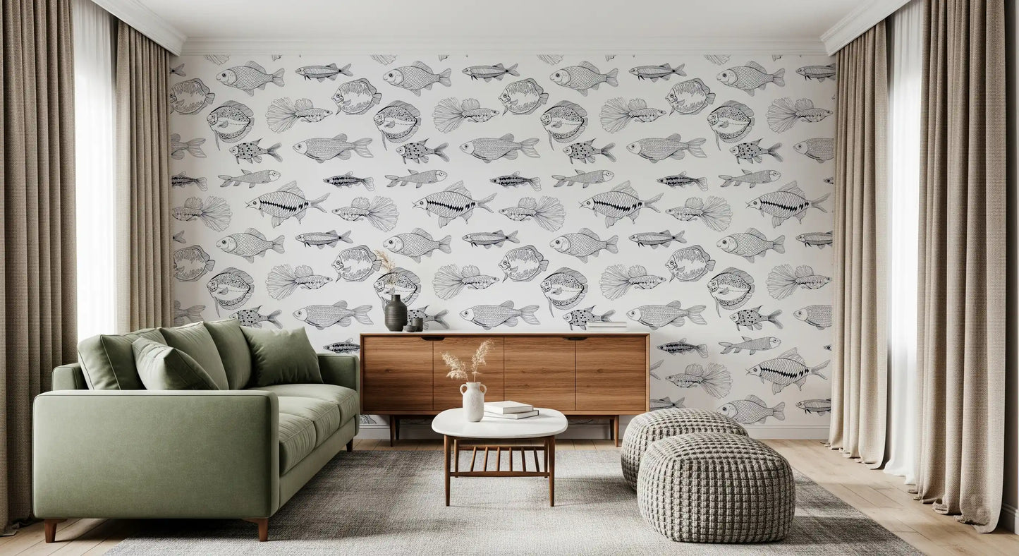 Modern Hand - Drawn Fish Line Art /Black and White Nautical Pattern Wallpaper⁠