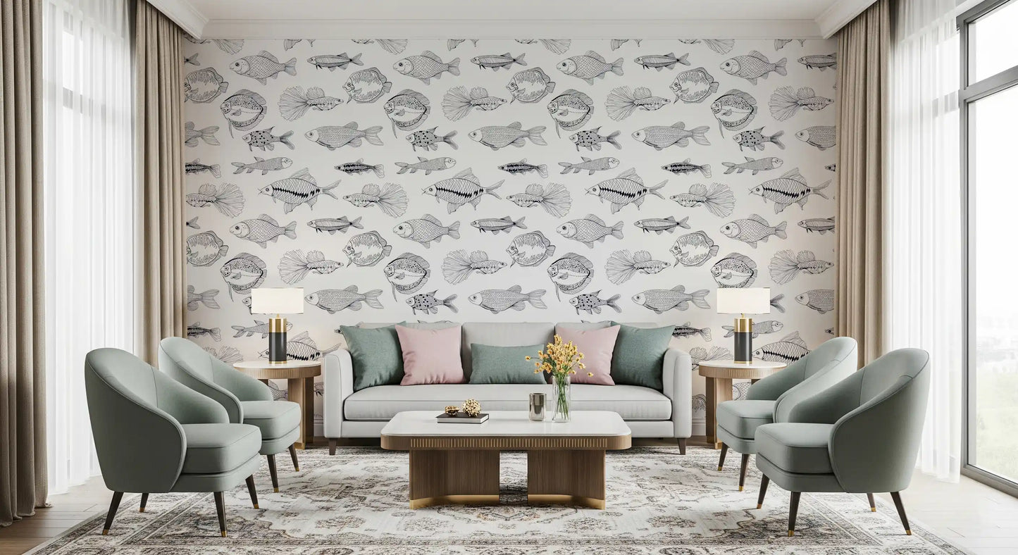 Modern Hand - Drawn Fish Line Art /Black and White Nautical Pattern Wallpaper⁠