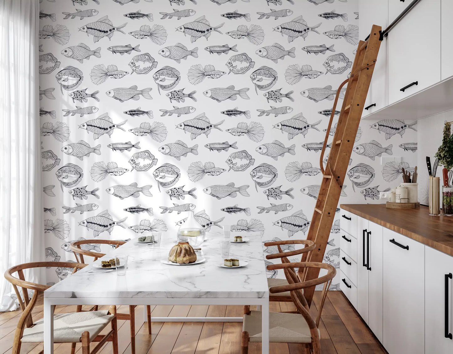 Modern Hand - Drawn Fish Line Art /Black and White Nautical Pattern Wallpaper⁠