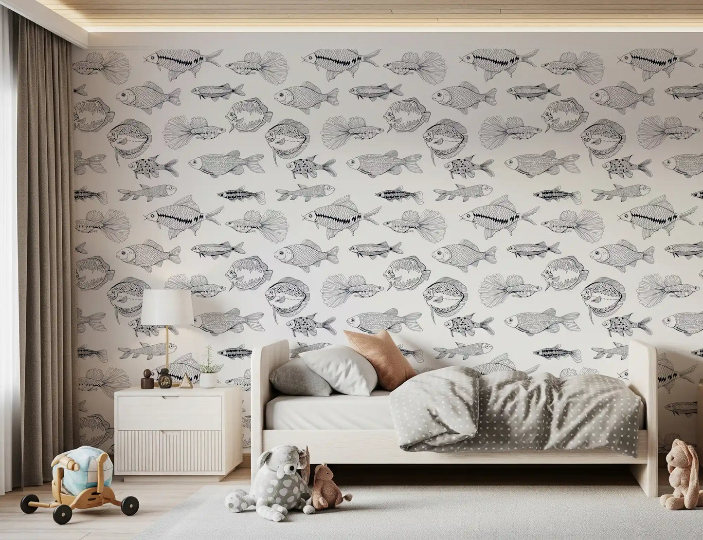 Modern Hand - Drawn Fish Line Art /Black and White Nautical Pattern Wallpaper⁠