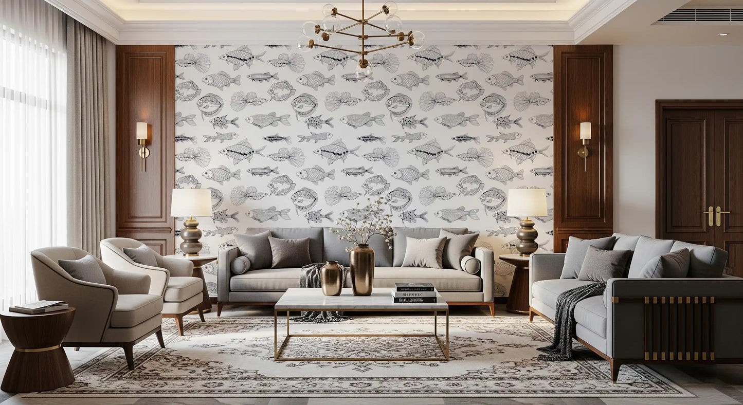 Modern Hand - Drawn Fish Line Art /Black and White Nautical Pattern Wallpaper⁠