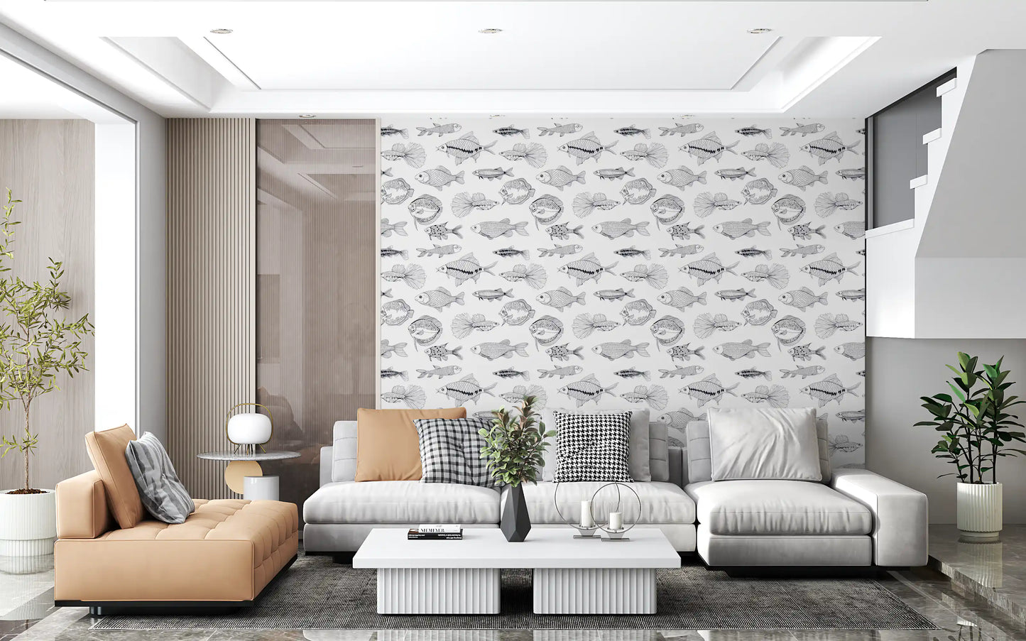 Modern Hand - Drawn Fish Line Art /Black and White Nautical Pattern Wallpaper⁠