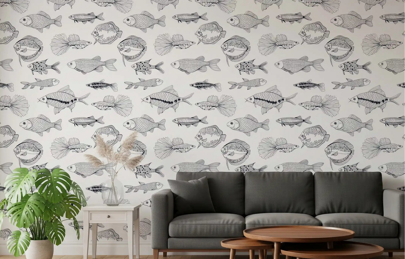 Hallway with Black White Fish Wallpaper and detailed nautical line art