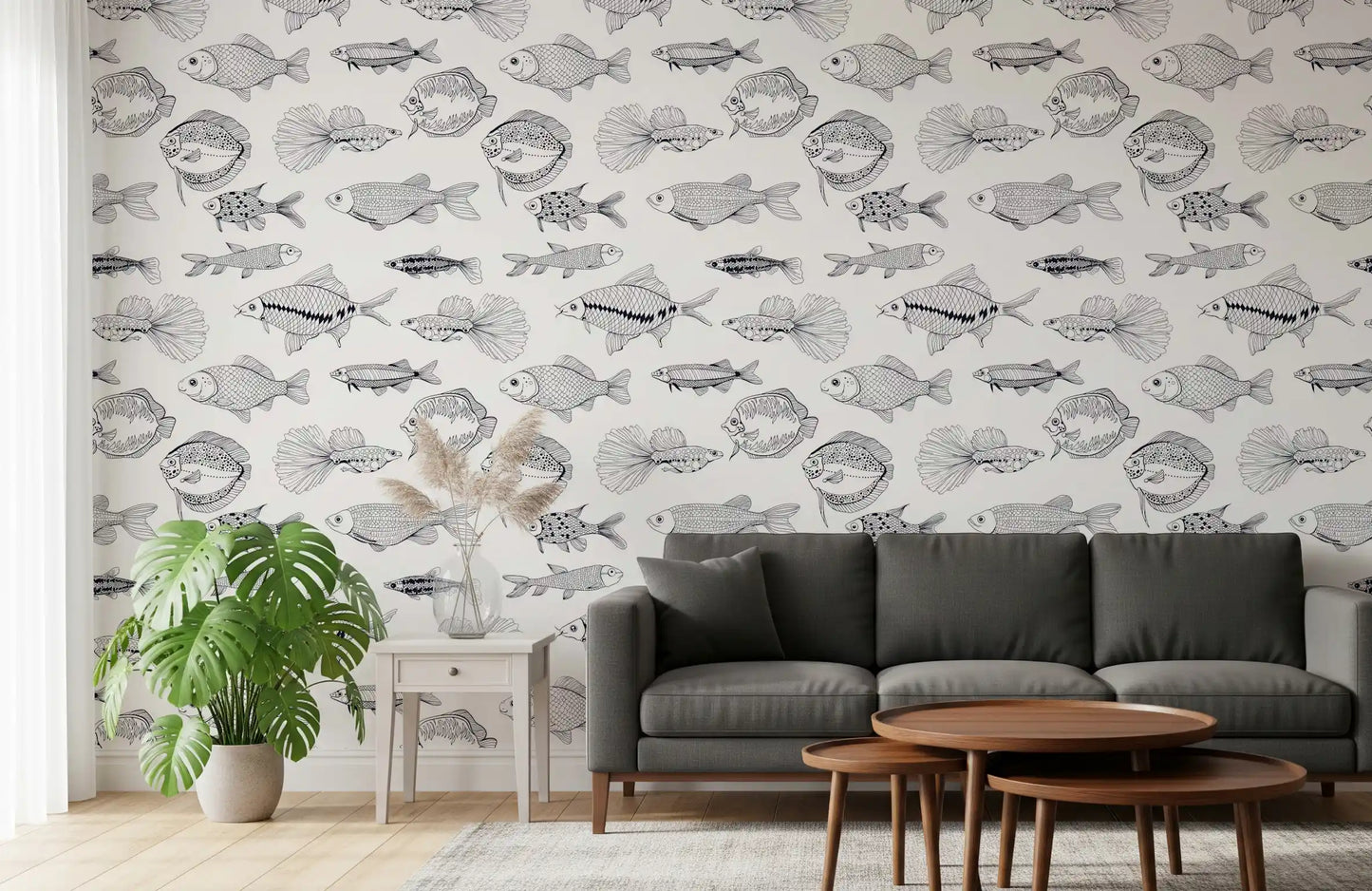 Modern Hand - Drawn Fish Line Art /Black and White Nautical Pattern Wallpaper⁠