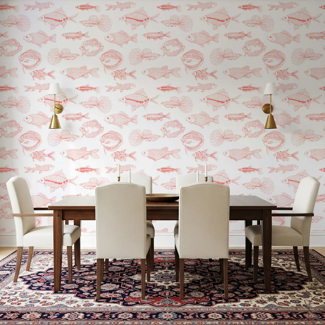 Dining room with Fish Line Art Wallpaper in coral and white nautical detail