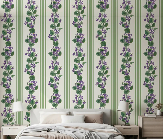 Bedroom styled in Stripes Violets Wallpaper with green floral bands
