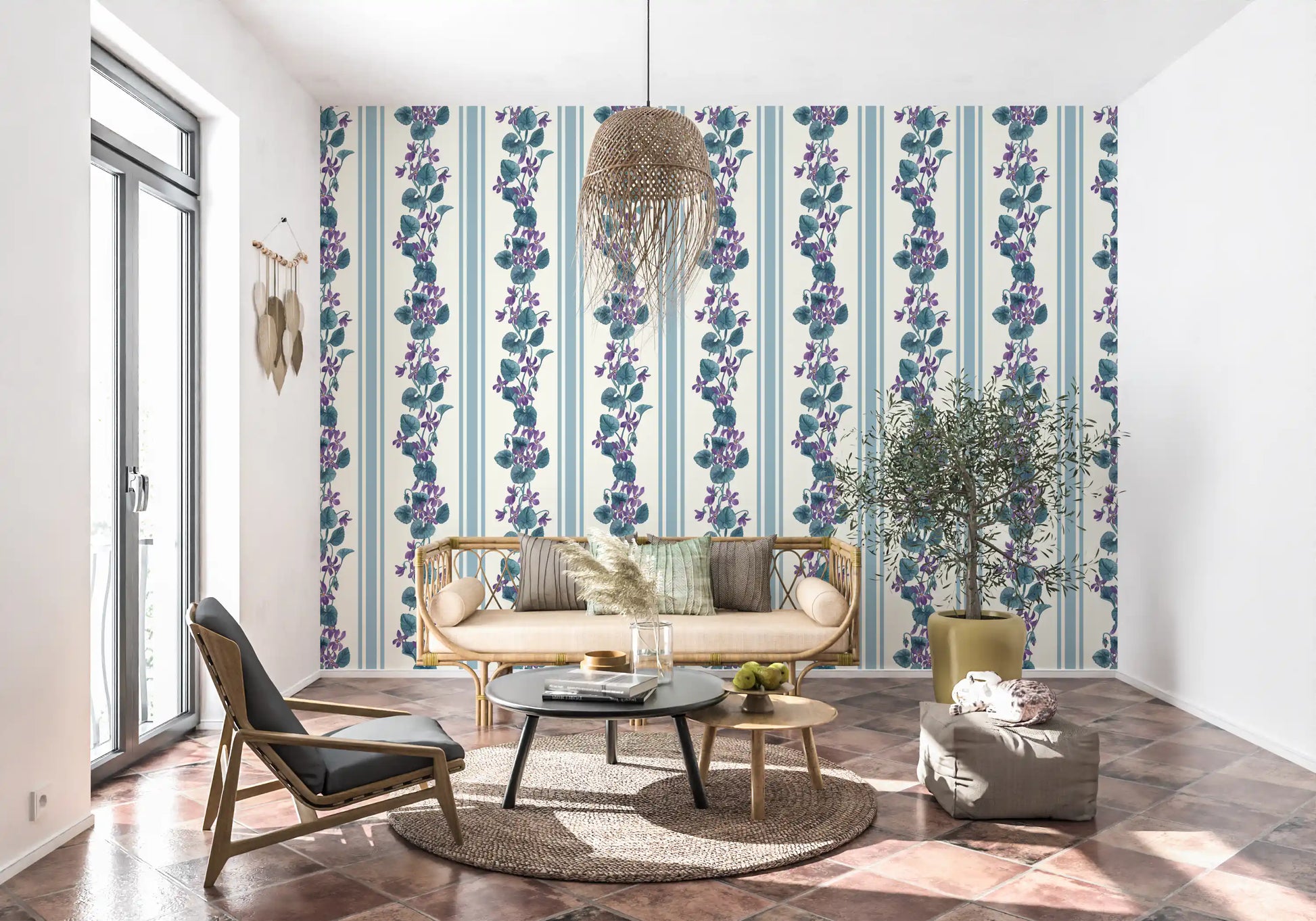 Violet floral wallpaper paired with pale blue stripes and botanical artwork