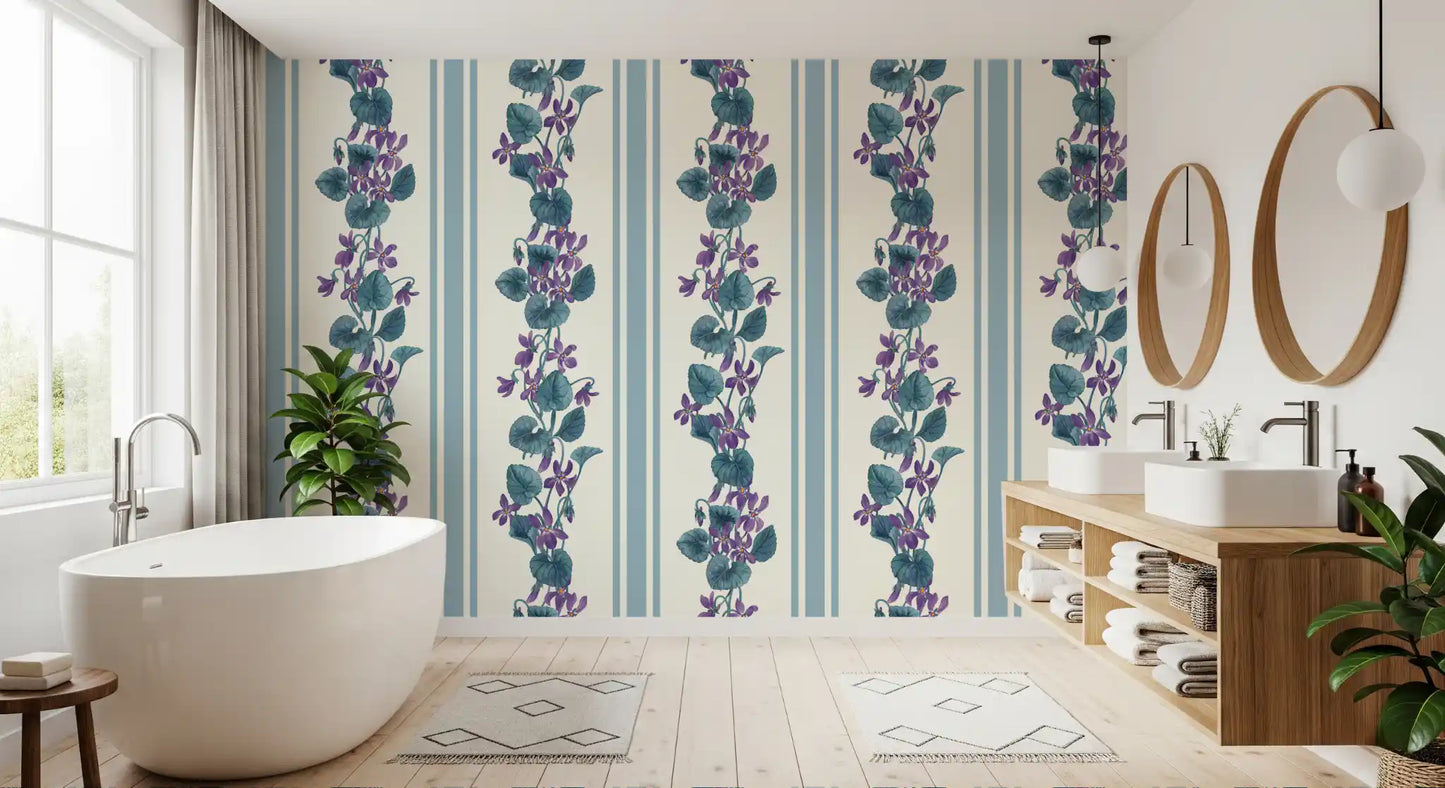 Blue striped wallpaper with violet blooms, leafy stems, and soft floral detail