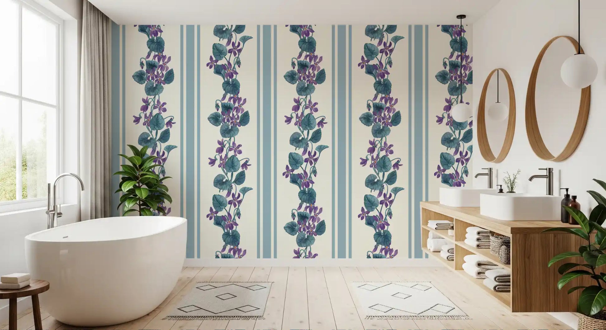 Blue striped wallpaper with violet blooms, leafy stems, and soft floral detail