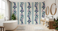 Blue striped wallpaper with violet blooms, leafy stems, and soft floral detail