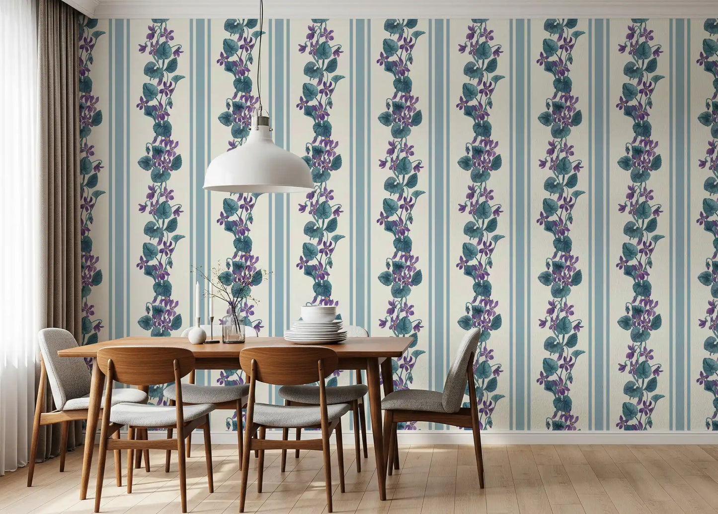 Blue violet wallpaper featuring trailing flowers and clean vertical rhythm