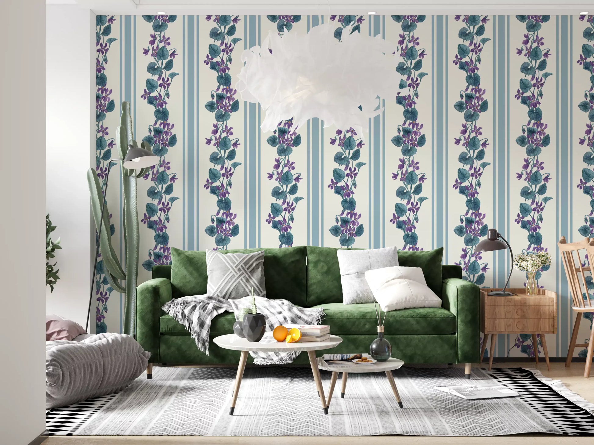 Stripes and Violets Wallpaper showing blue bands and violet flower stems